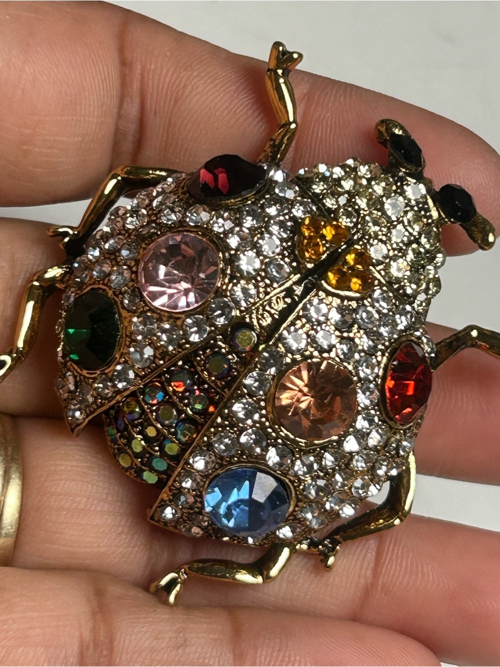 Multicolor Crystal Beetle Brooch - Gold Tone